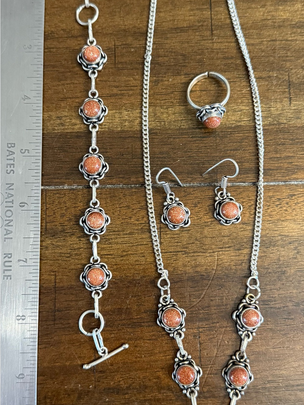 Sterling Golden Sunstone Floral Jewelry Set - Necklace, Bracelet, Earrings, Ring